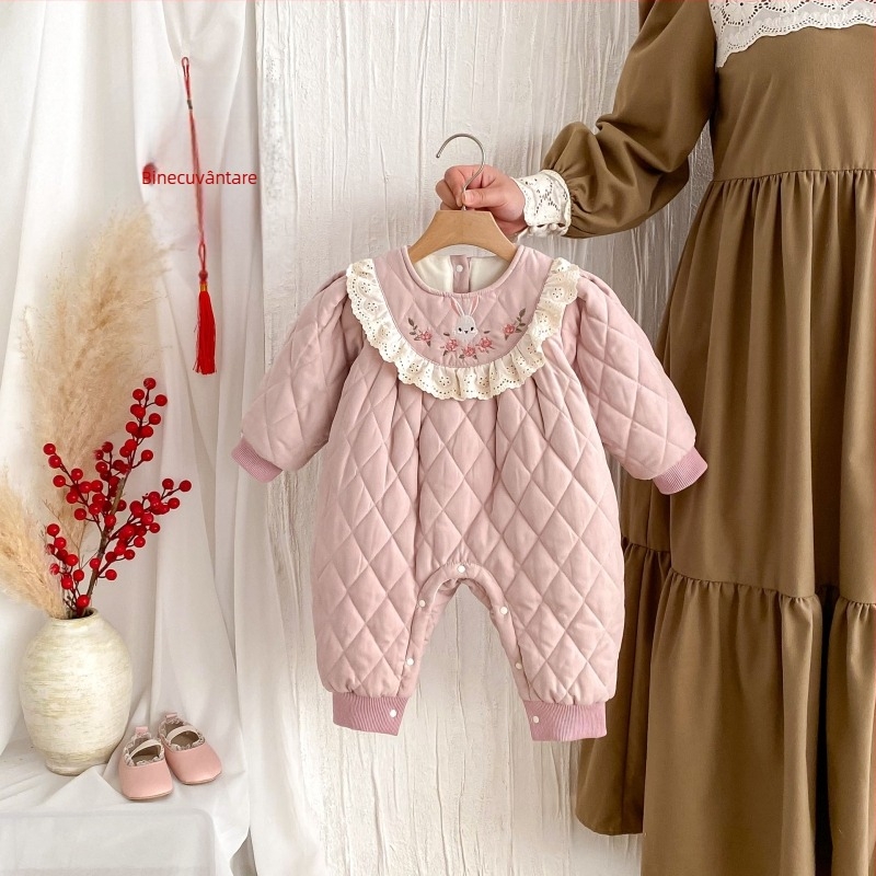 Salopetă de iarnă pentru bebeluți, cu căptușeală de fleece și bumbac matlasat, model iepuraș drăguț pentru fetițe nou-născute, groasă și caldă, mâneci lungi