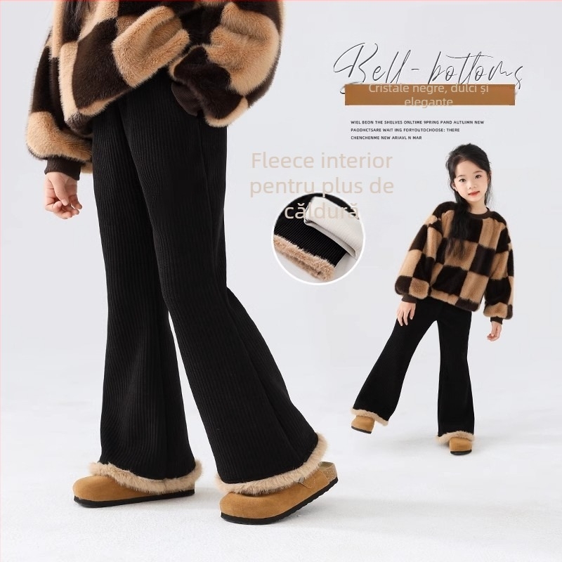 Pantaloni evazați din velur pentru fetițe, talie elastică, iarnă, pentru copii de peste 8 ani