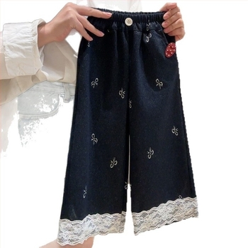 Pantaloni pentru fete, croială largă, tricot imitând denim, talie medie, primăvară–toamnă, pentru copii 3–8 ani, material: 69% poliester, 27% rayon, 4% spandex