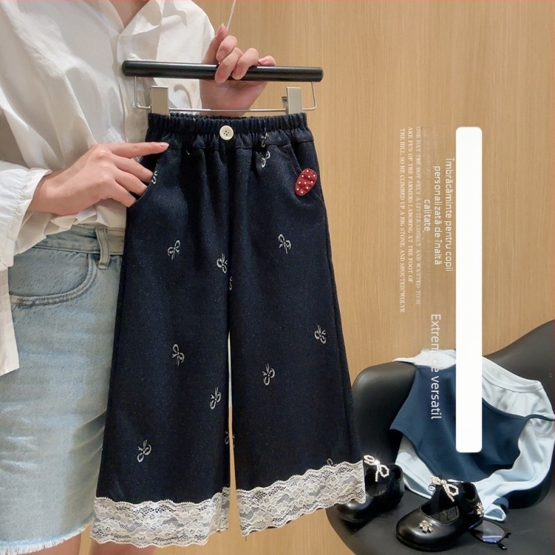 Pantaloni pentru fete, croială largă, tricot imitând denim, talie medie, primăvară–toamnă, pentru copii 3–8 ani, material: 69% poliester, 27% rayon, 4% spandex