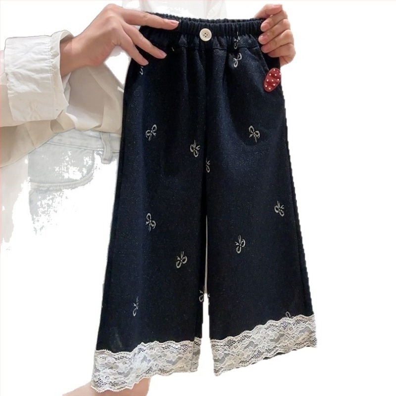 Pantaloni pentru fete, croială largă, tricot imitând denim, talie medie, primăvară–toamnă, pentru copii 3–8 ani, material: 69% poliester, 27% rayon, 4% spandex