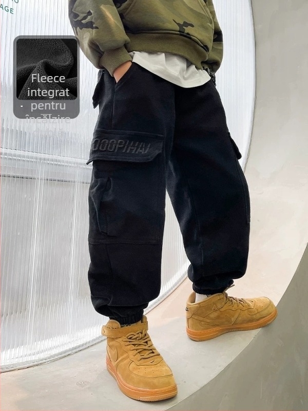 Pantaloni de lucru pentru copii, căptuți cu fleece, stil coreean, bumbac, talie medie, talie elastică