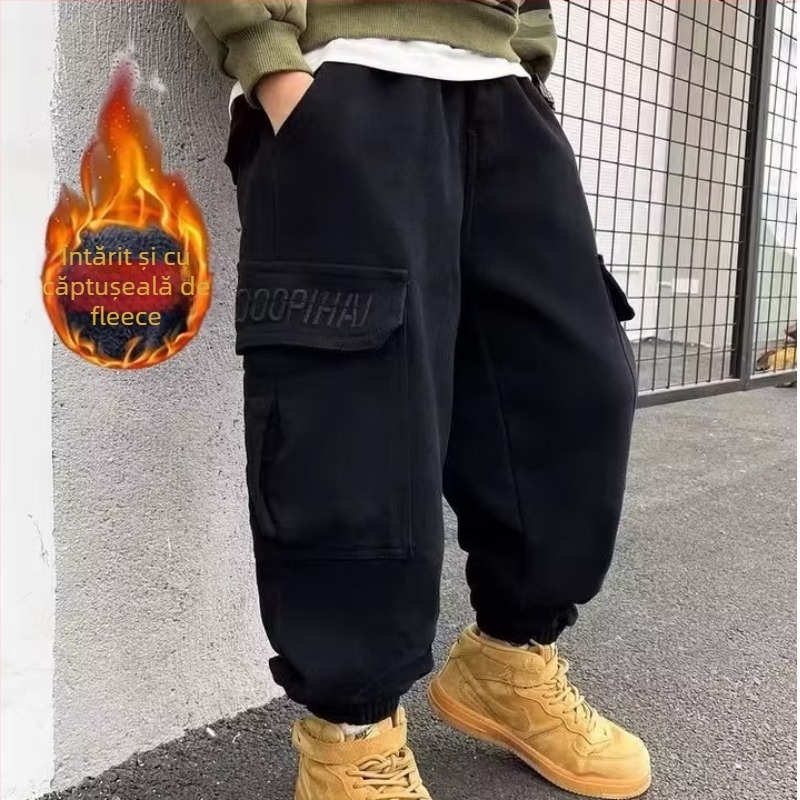 Pantaloni de lucru pentru copii, căptuți cu fleece, stil coreean, bumbac, talie medie, talie elastică