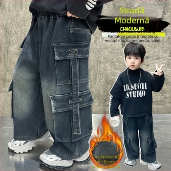 Pantaloni cargo pentru băieți, căptuți cu fleece, cu mai multe buzunare, iarnă, 65% bumbac, vârsta 3–8 ani