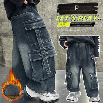 Pantaloni cargo pentru băieți, căptuți cu fleece, cu mai multe buzunare, iarnă, 65% bumbac, vârsta 3–8 ani