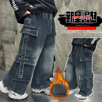 Pantaloni cargo pentru băieți, căptuți cu fleece, cu mai multe buzunare, iarnă, 65% bumbac, vârsta 3–8 ani