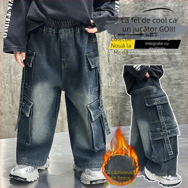 Pantaloni cargo pentru băieți, căptuți cu fleece, cu mai multe buzunare, iarnă, 65% bumbac, vârsta 3–8 ani