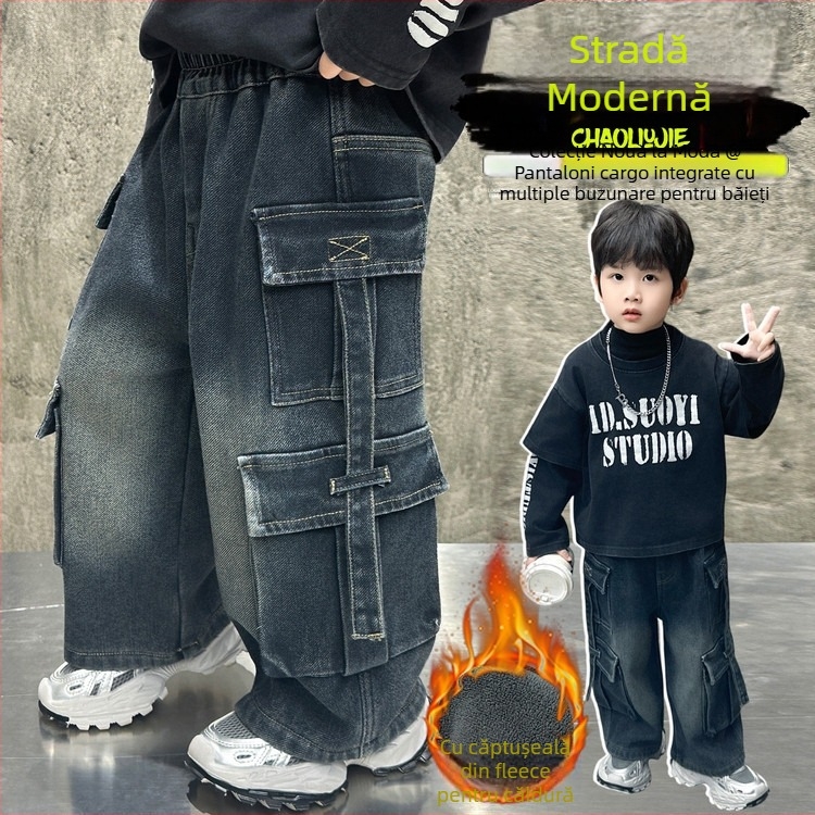 Pantaloni cargo pentru băieți, căptuți cu fleece, cu mai multe buzunare, iarnă, 65% bumbac, vârsta 3–8 ani