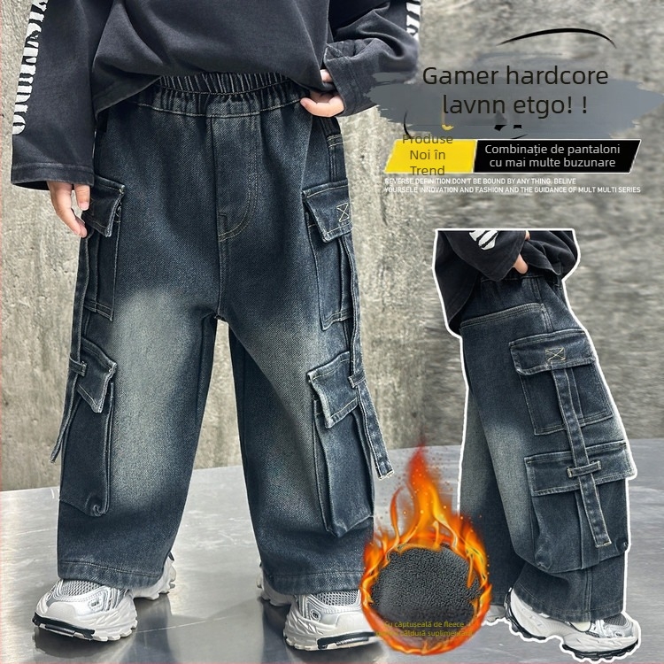 Pantaloni cargo pentru băieți, căptuți cu fleece, cu mai multe buzunare, iarnă, 65% bumbac, vârsta 3–8 ani