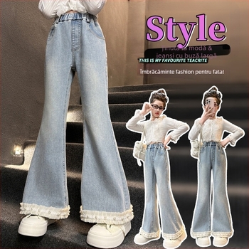 Jeans evazați pentru fete, stil coreean, 70% bumbac, primăvară și toamnă, pentru copii peste 8 ani (peste 140 cm)