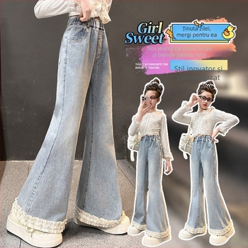 Jeans evazați pentru fete, stil coreean, 70% bumbac, primăvară și toamnă, pentru copii peste 8 ani (peste 140 cm)