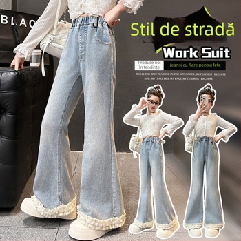 Jeans evazați pentru fete, stil coreean, 70% bumbac, primăvară și toamnă, pentru copii peste 8 ani (peste 140 cm)