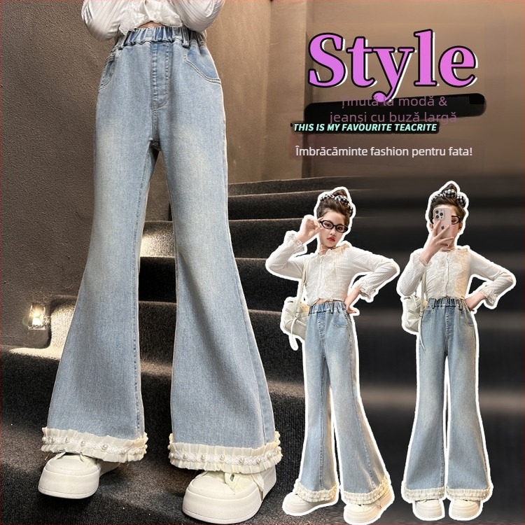 Jeans evazați pentru fete, stil coreean, 70% bumbac, primăvară și toamnă, pentru copii peste 8 ani (peste 140 cm)