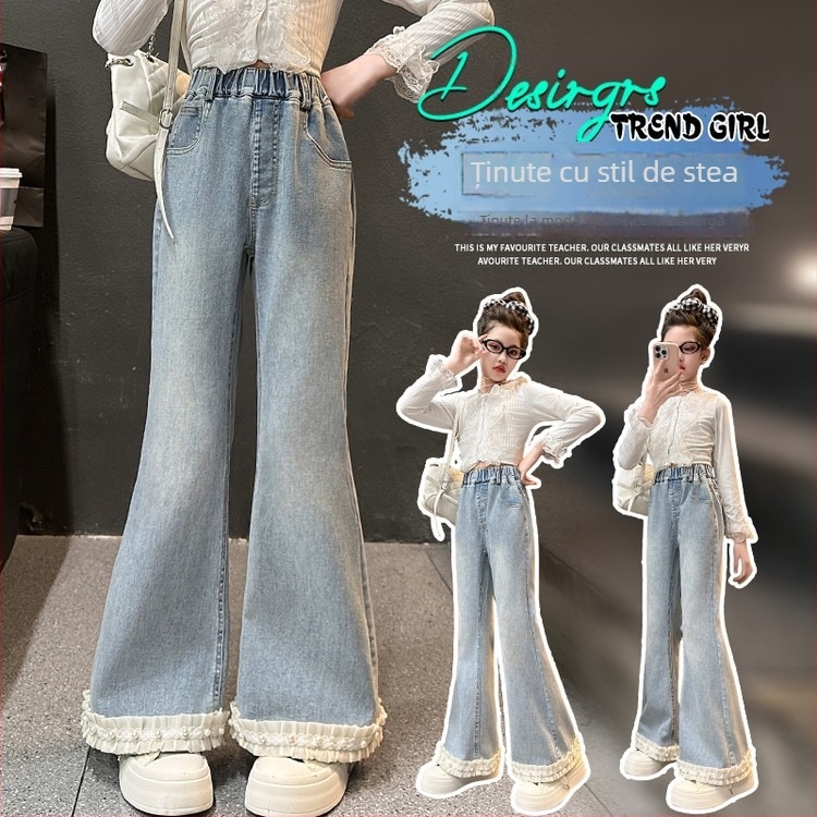 Jeans evazați pentru fete, stil coreean, 70% bumbac, primăvară și toamnă, pentru copii peste 8 ani (peste 140 cm)