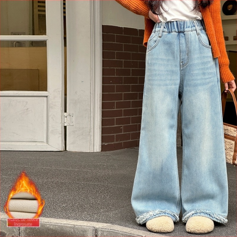 Pantaloni din denim cu croială largă pentru fete, bumbac, talie medie, talie elastică, iarnă