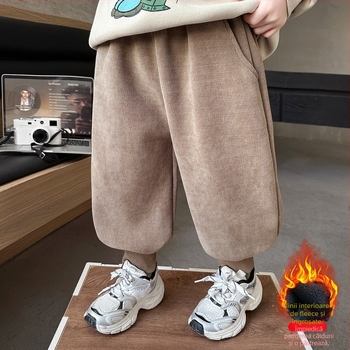Pantaloni pentru băieți cu căptușeală fleece, stil coreean, amestec poliester 70%, talie elastică, pantaloni lungi cu manșete pentru iarnă