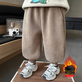 Pantaloni pentru băieți cu căptușeală fleece, stil coreean, amestec poliester 70%, talie elastică, pantaloni lungi cu manșete pentru iarnă