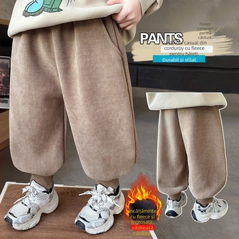 Pantaloni pentru băieți cu căptușeală fleece, stil coreean, amestec poliester 70%, talie elastică, pantaloni lungi cu manșete pentru iarnă