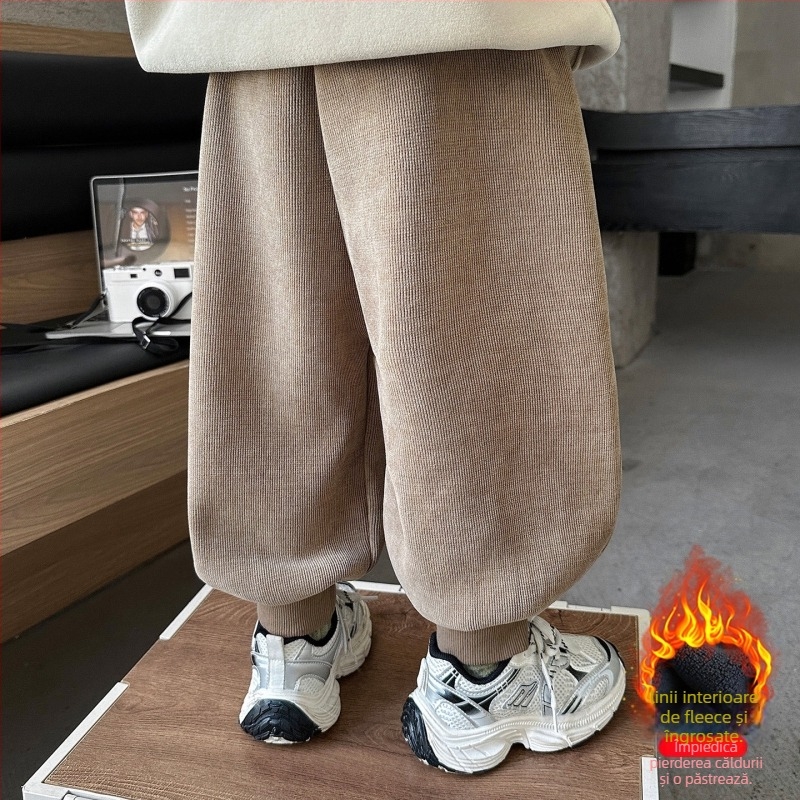 Pantaloni pentru băieți cu căptușeală fleece, stil coreean, amestec poliester 70%, talie elastică, pantaloni lungi cu manșete pentru iarnă