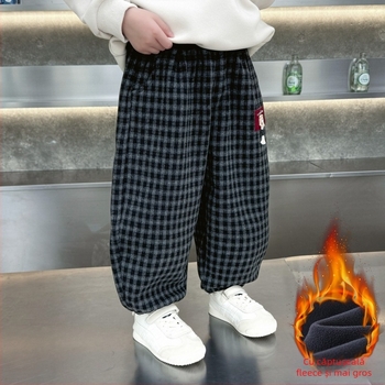 Pantaloni pentru băieți cu căptușeală de fleece, în stil coreean, model carouri, 70% poliester, pentru copii 3–8 ani