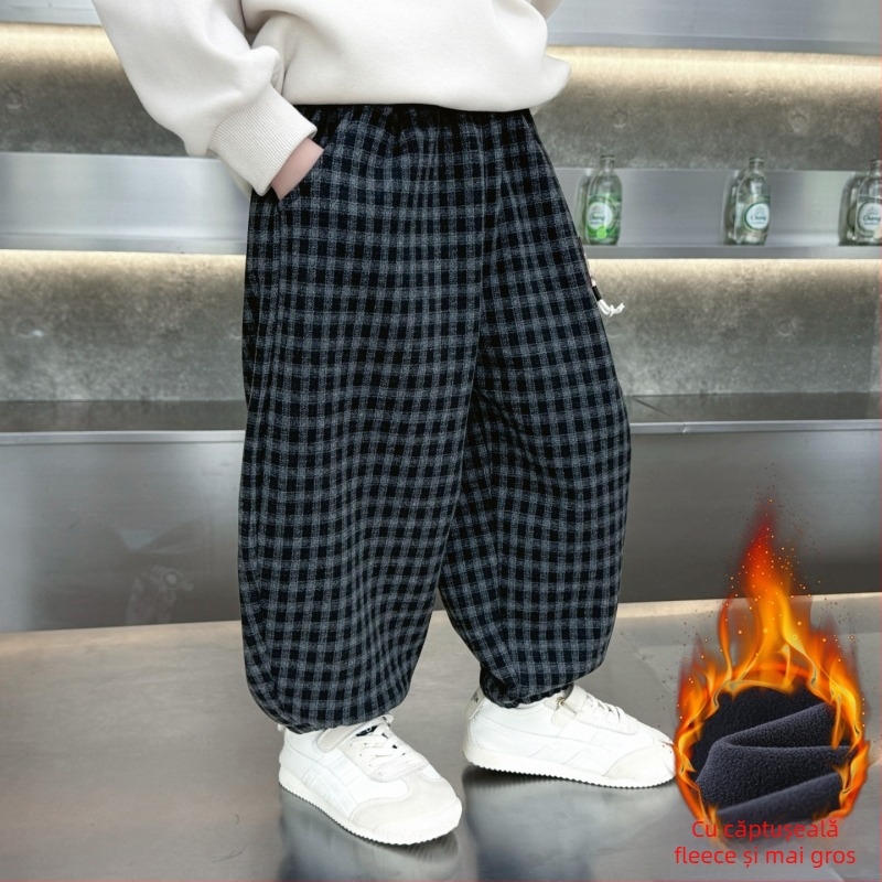 Pantaloni pentru băieți cu căptușeală de fleece, în stil coreean, model carouri, 70% poliester, pentru copii 3–8 ani