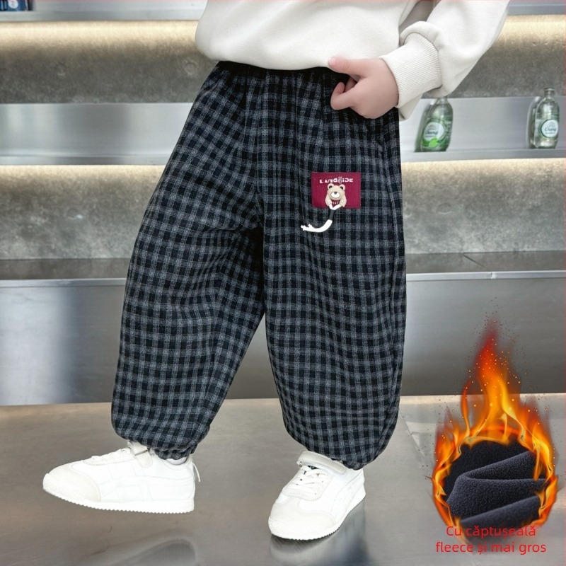 Pantaloni pentru băieți cu căptușeală de fleece, în stil coreean, model carouri, 70% poliester, pentru copii 3–8 ani