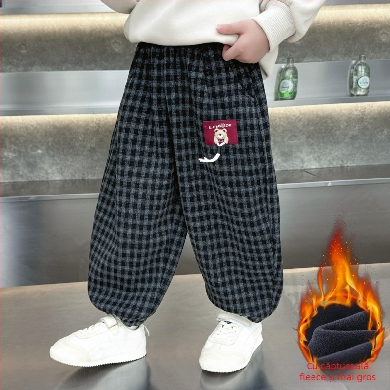 Pantaloni pentru băieți cu căptușeală de fleece, în stil coreean, model carouri, 70% poliester, pentru copii 3–8 ani