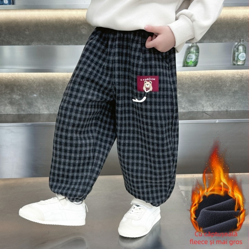 Pantaloni pentru băieți cu căptușeală de fleece, în stil coreean, model carouri, 70% poliester, pentru copii 3–8 ani