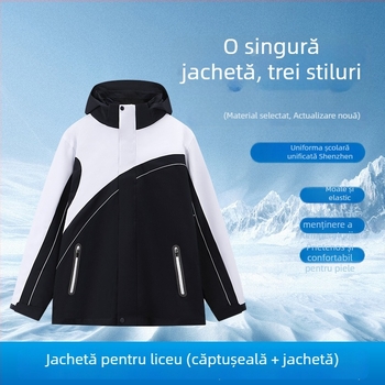 Set școlar 3 în 1 pentru iarnă-primăvară-toamnă – Rezistent la vânt și apă, glugă detașabilă, fermoar frontal, unisex, poliester moale