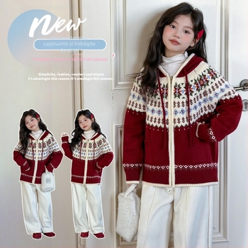 Cardigan tricotat din bumbac pentru fetițe, cu glugă, fermoar frontal, model Cartoon, colecția de iarnă 2025