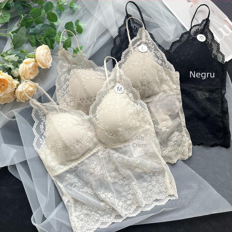 Bustier din dantelă cu spate decorativ, sutien cupe integrate și bureți