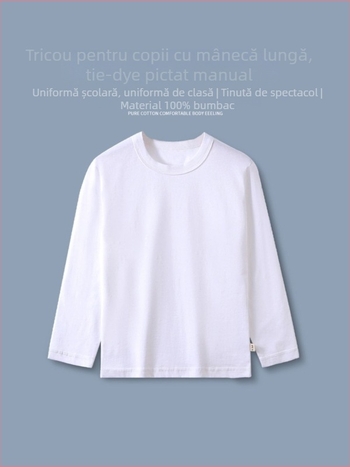 Tricou alb din bumbac 100% pentru copii, mâneci lungi, guler rotund, unisex, 3–8 ani, 100–140 cm, design tie-dye pictat manual