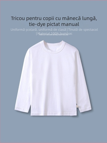 Tricou alb din bumbac 100% pentru copii, mâneci lungi, guler rotund, unisex, 3–8 ani, 100–140 cm, design tie-dye pictat manual