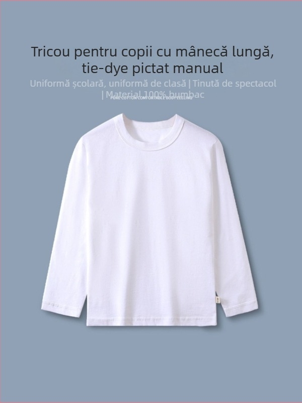 Tricou alb din bumbac 100% pentru copii, mâneci lungi, guler rotund, unisex, 3–8 ani, 100–140 cm, design tie-dye pictat manual