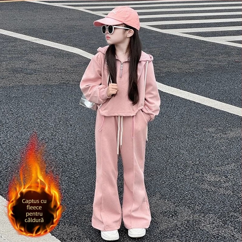 Costum fete din velur cu hanorac și pantaloni - stil coreean, pentru iarnă, primăvară și toamnă, set din două piese, 55% poliester
