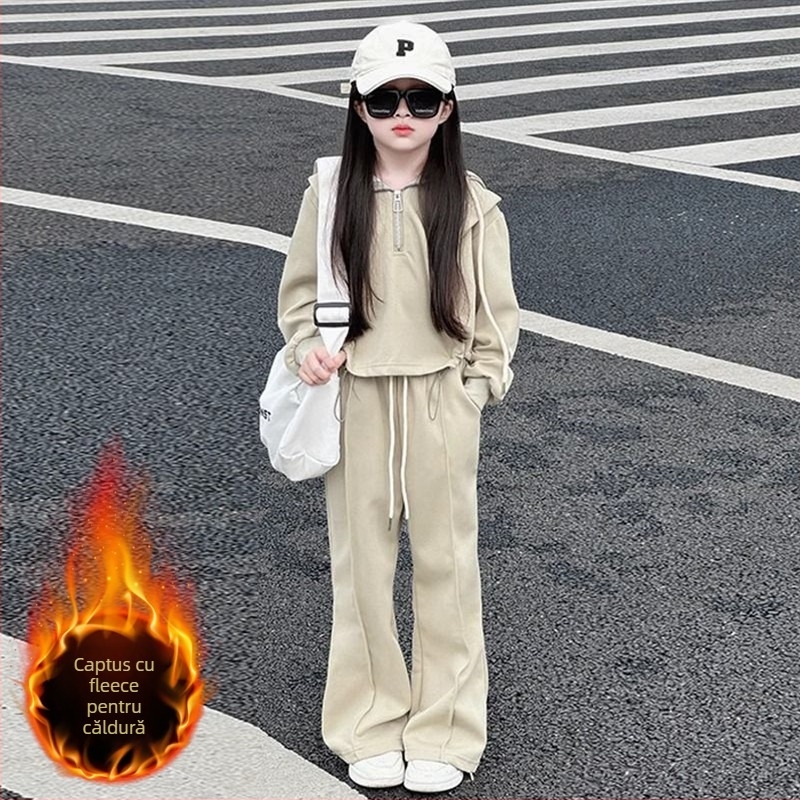 Costum fete din velur cu hanorac și pantaloni - stil coreean, pentru iarnă, primăvară și toamnă, set din două piese, 55% poliester