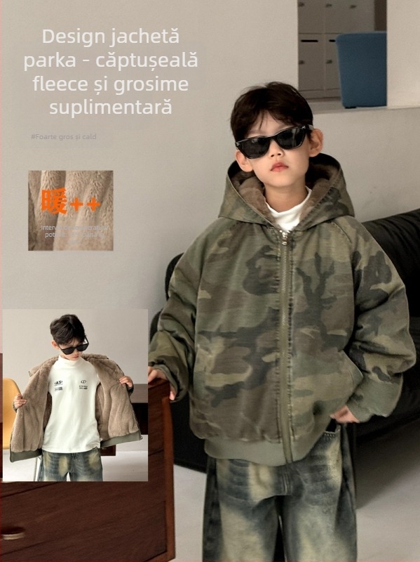 Geacă de iarnă pentru copii, model camuflaj, din bumbac gros cu Căptușeală poliester, închidere cu fermoar.