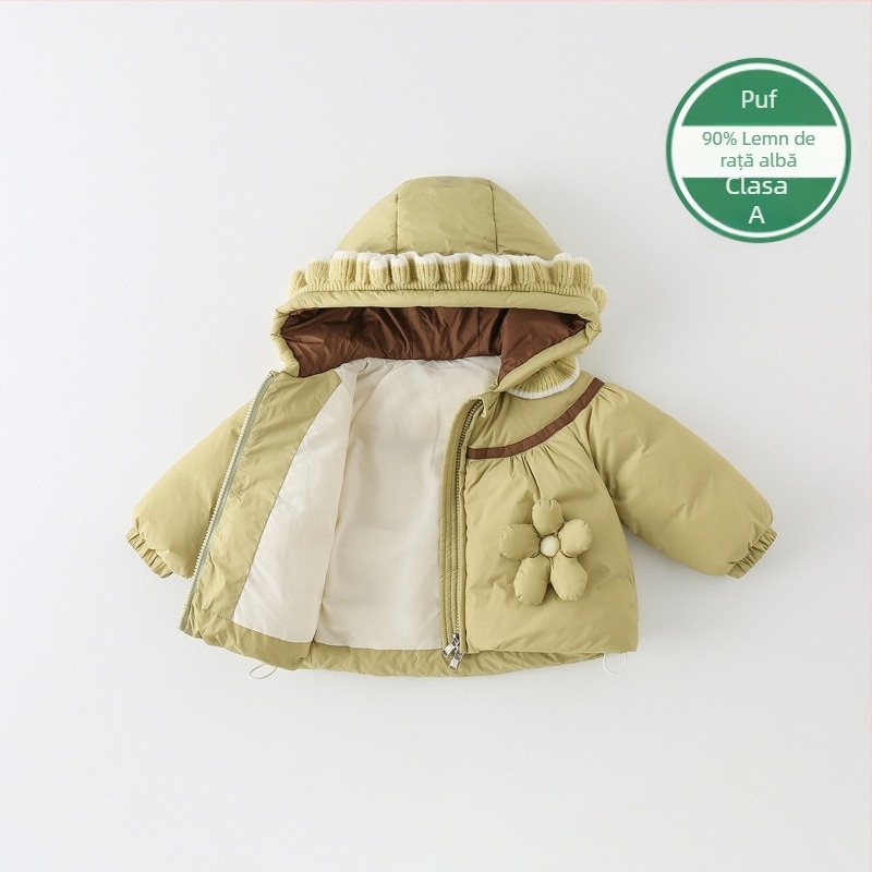 Jachetă de iarnă pentru fetițe, umplutură din puf de gâscă, cu glugă, căptușeală din fleece, grosime pentru iarnă.