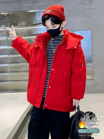 Jachetă de iarnă pentru băieți, puf de rață alb 50-55%, cu glugă, lungime scurtă, croială lejeră, fermoar frontal - Iarna 2025