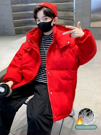 Jachetă de iarnă pentru băieți, puf de rață alb 50-55%, cu glugă, lungime scurtă, croială lejeră, fermoar frontal - Iarna 2025