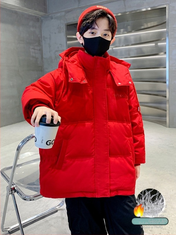 Jachetă de iarnă pentru băieți, puf de rață alb 50-55%, cu glugă, lungime scurtă, croială lejeră, fermoar frontal - Iarna 2025