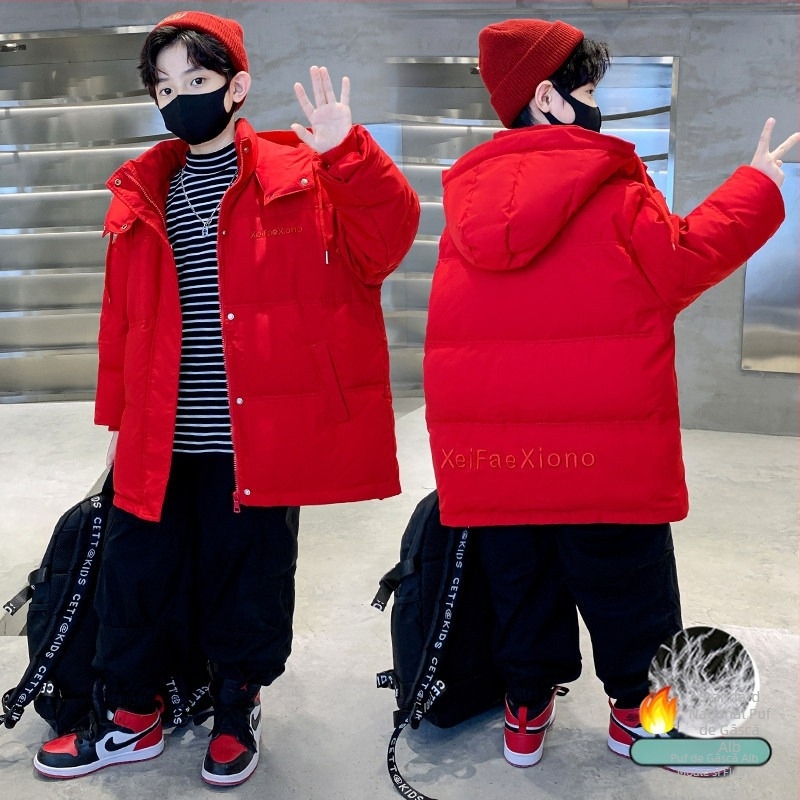 Jachetă de iarnă pentru băieți, puf de rață alb 50-55%, cu glugă, lungime scurtă, croială lejeră, fermoar frontal - Iarna 2025