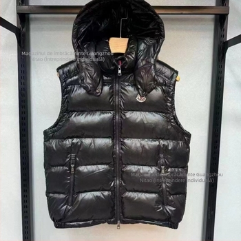 Vesta cu glugă din puf, unisex, gros, model scurt, umplutură din puf de rață, fermoar