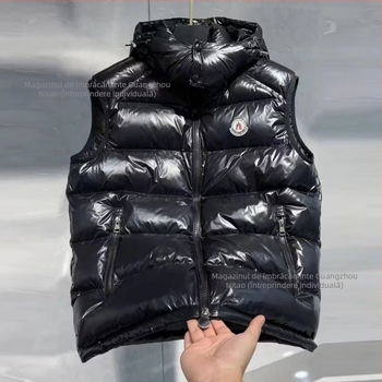 Vesta cu glugă din puf, unisex, gros, model scurt, umplutură din puf de rață, fermoar