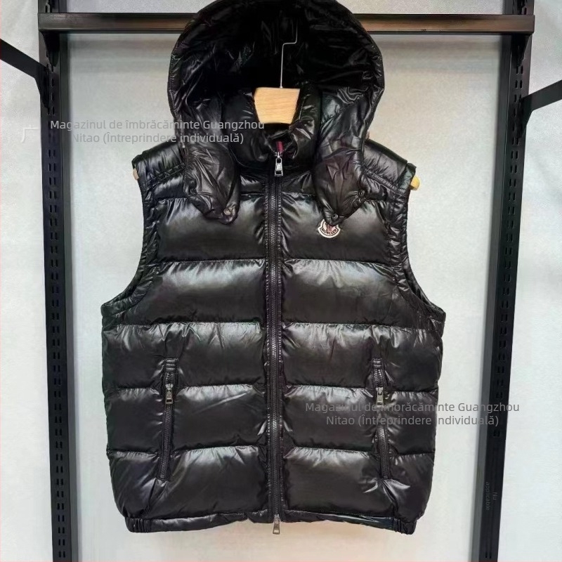 Vesta cu glugă din puf, unisex, gros, model scurt, umplutură din puf de rață, fermoar