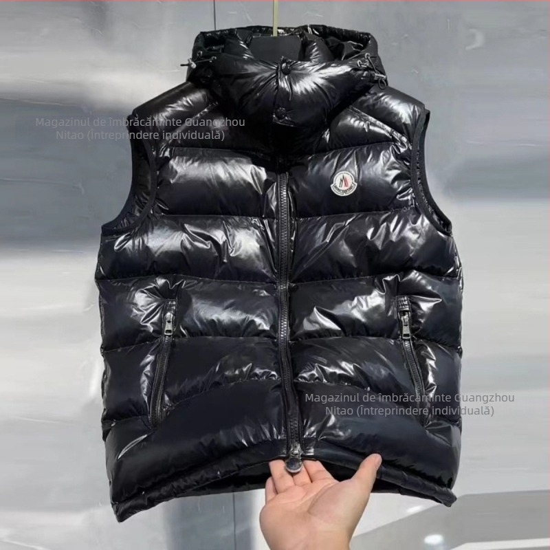 Vesta cu glugă din puf, unisex, gros, model scurt, umplutură din puf de rață, fermoar