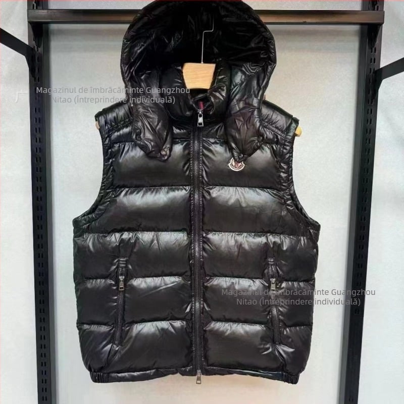 Vesta cu glugă din puf, unisex, gros, model scurt, umplutură din puf de rață, fermoar