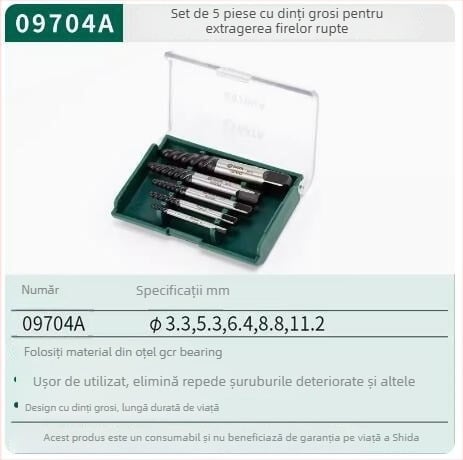 Set de 5 unelte de demontare pentru șuruburi rupte, dinți groși și fini, oțel crom-vanadiu