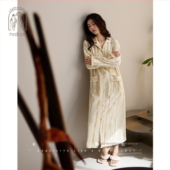 Rochie-pijama din bumbac pentru femei, cardigan stil, mâneci lungi, guler rever, croială lejeră, respirabilă pentru primăvară și toamnă