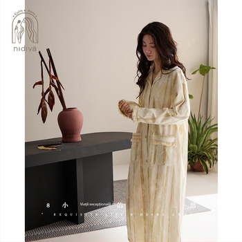 Rochie-pijama din bumbac pentru femei, cardigan stil, mâneci lungi, guler rever, croială lejeră, respirabilă pentru primăvară și toamnă